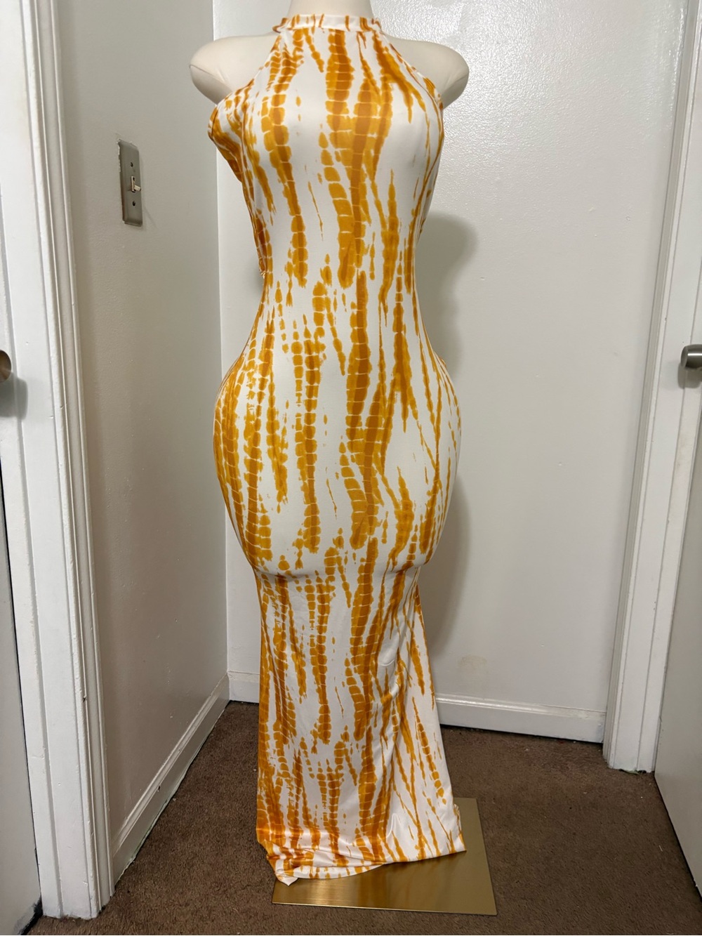 Halter Tie-Dye Maxi Dress in White and Mustard NWOT